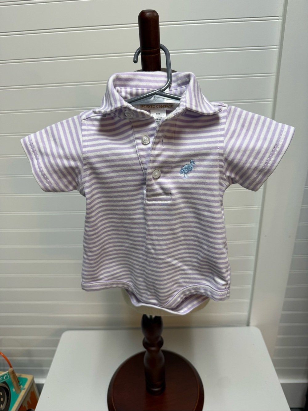 The Beaufort Bonnet Company Lavender & White Striped Polo Bodysuit